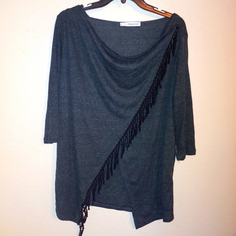 Maurices Tassle fringe trim wrap top gray black plus size 14